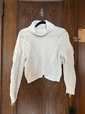 White Fringe Cable Turtleneck Sweater